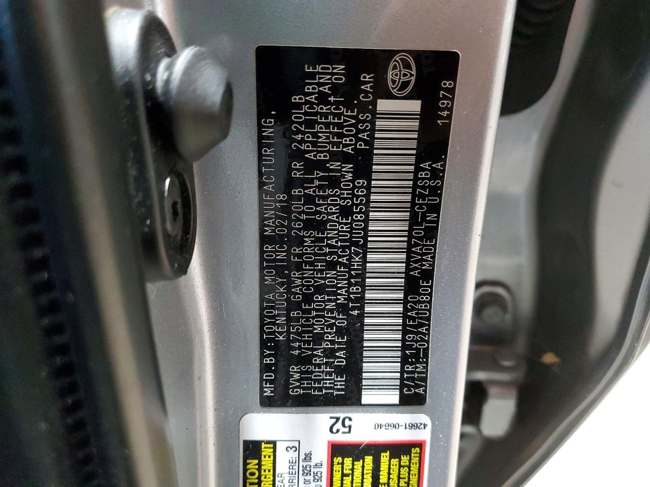 2018 TOYOTA CAMRY L photo 12