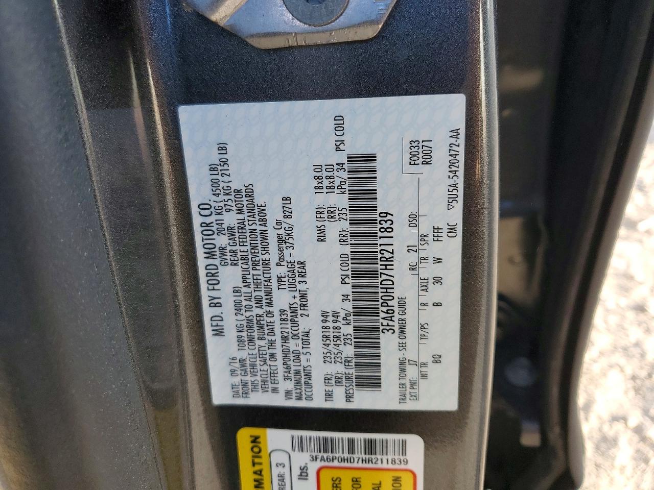 2017 FORD FUSION SE photo 12