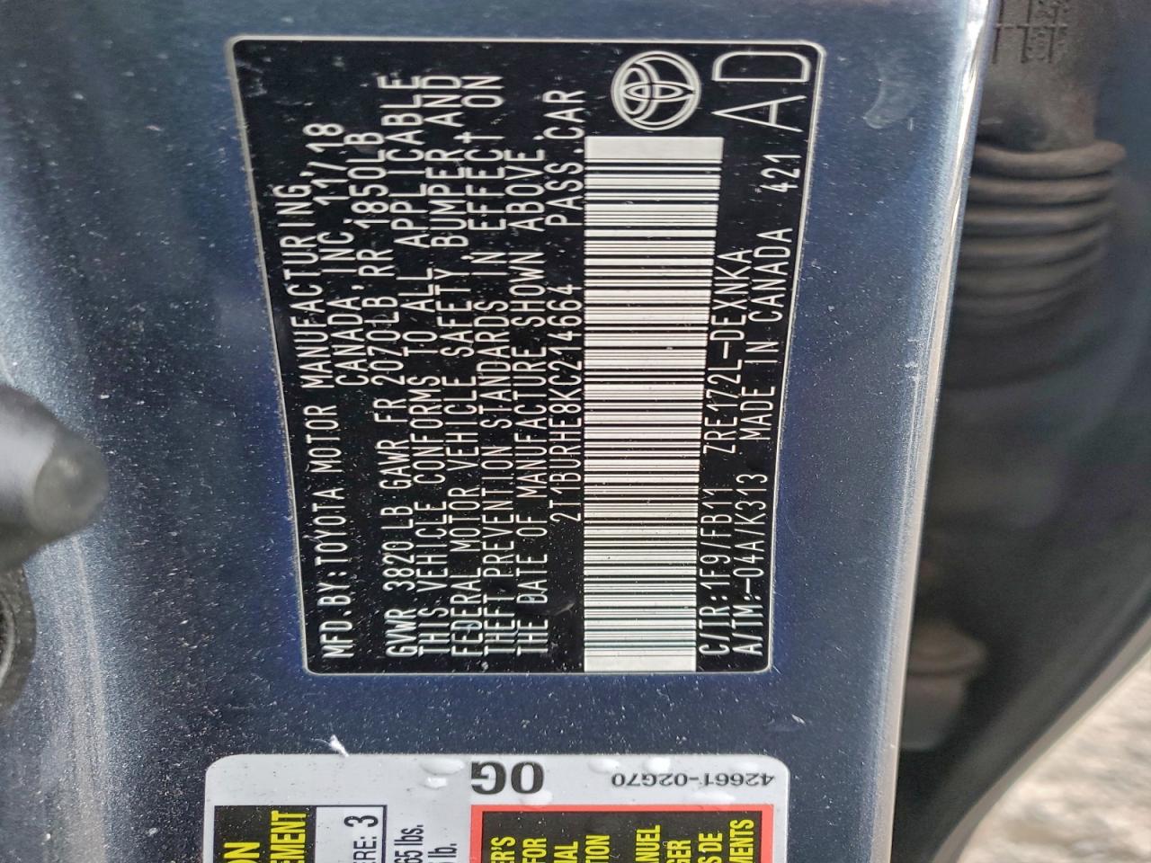 2019 TOYOTA COROLLA L photo 12