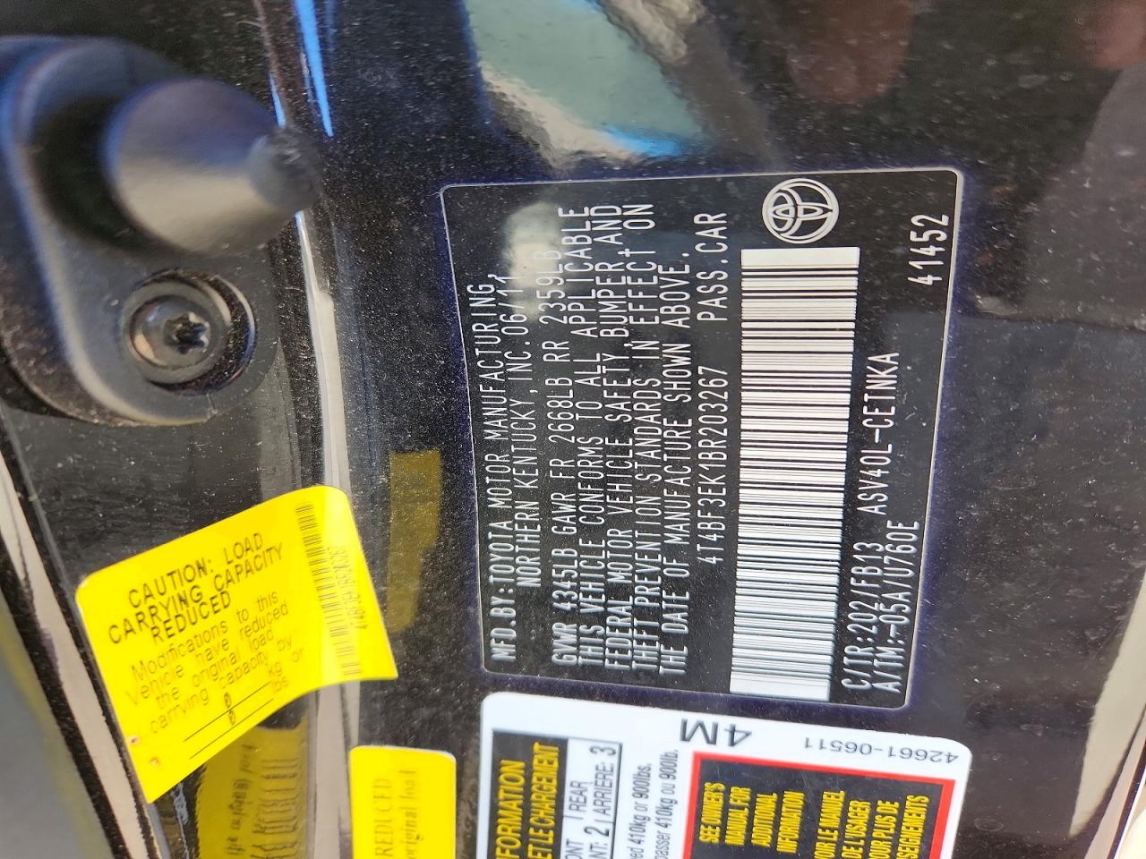 2011 TOYOTA CAMRY BASE photo 12