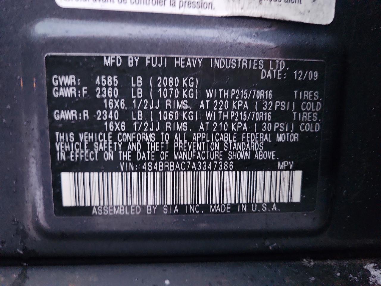 2010 SUBARU OUTBACK 2.5I photo 12