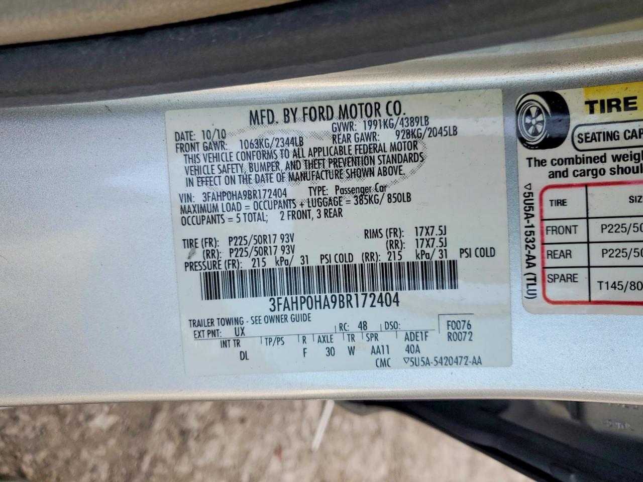2011 FORD FUSION SE photo 12