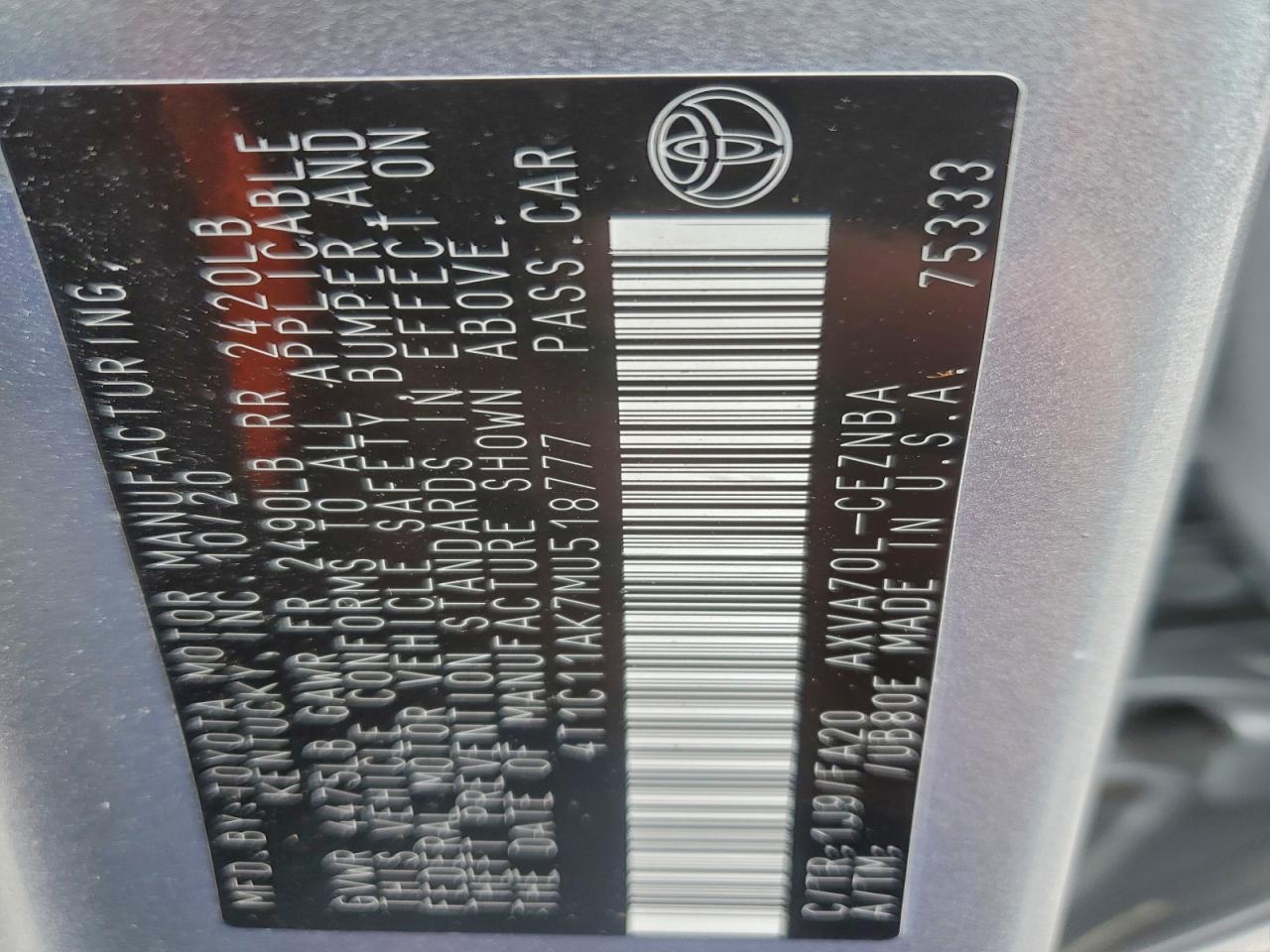 2021 TOYOTA CAMRY LE photo 12