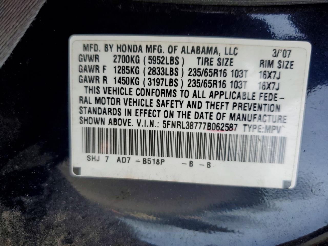 2007 HONDA ODYSSEY EXL photo 13
