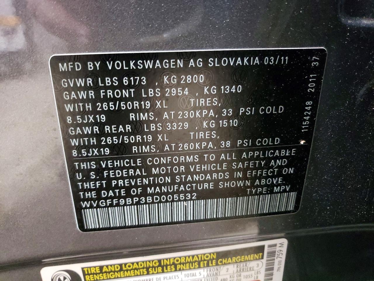 2011 VOLKSWAGEN TOUAREG V6 photo 13