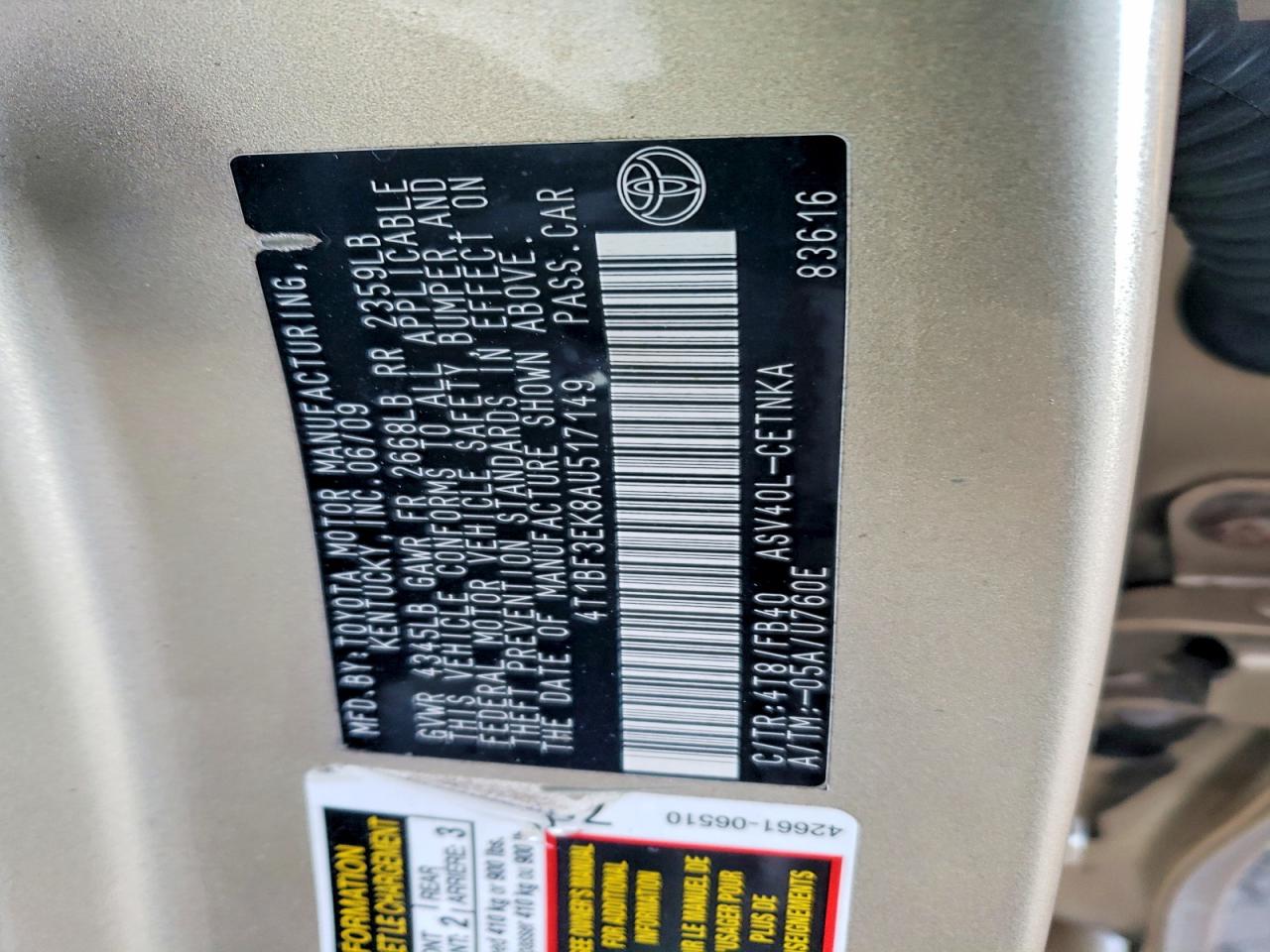 2010 TOYOTA CAMRY BASE photo 12