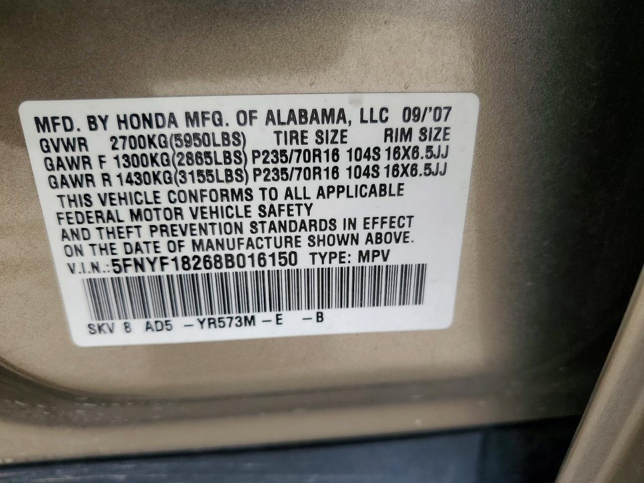 2008 HONDA PILOT VP photo 14