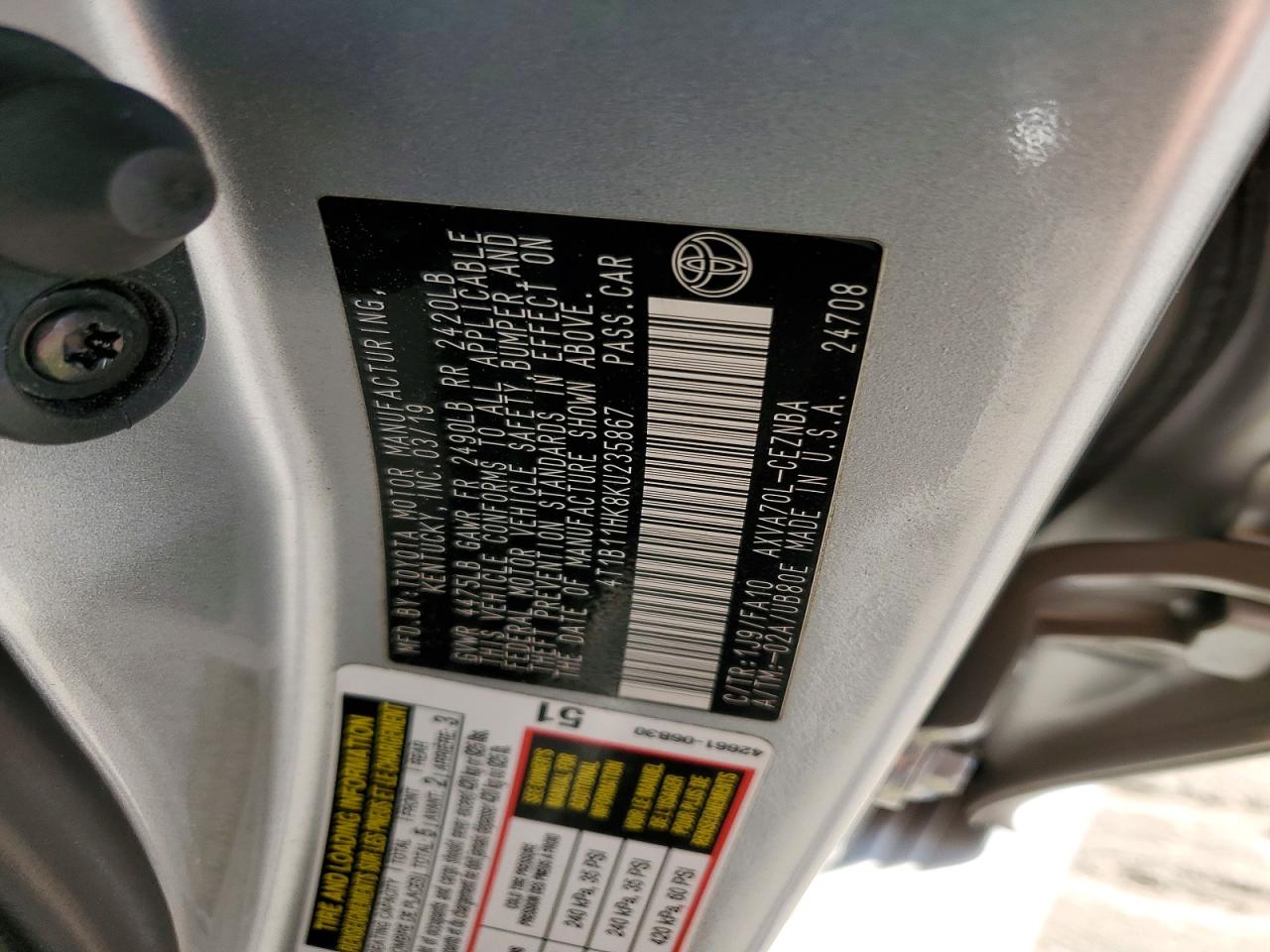 2019 TOYOTA CAMRY L photo 12