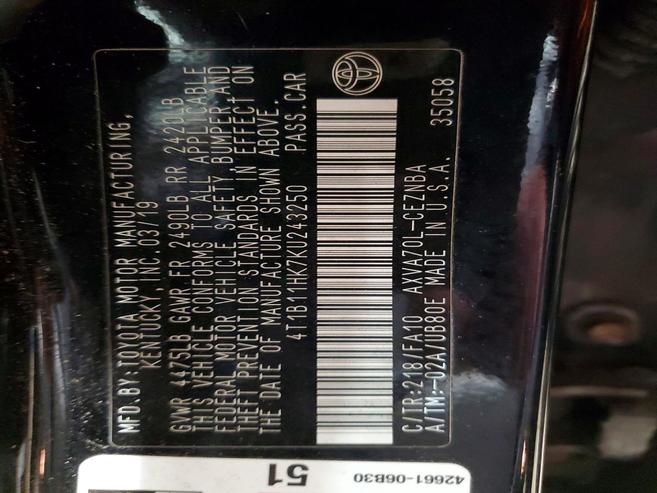 2019 TOYOTA CAMRY L photo 12