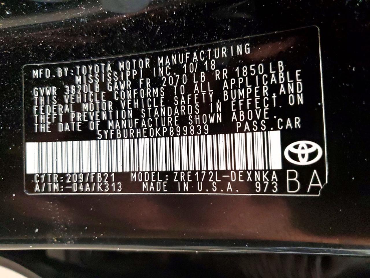 2019 TOYOTA COROLLA L photo 12