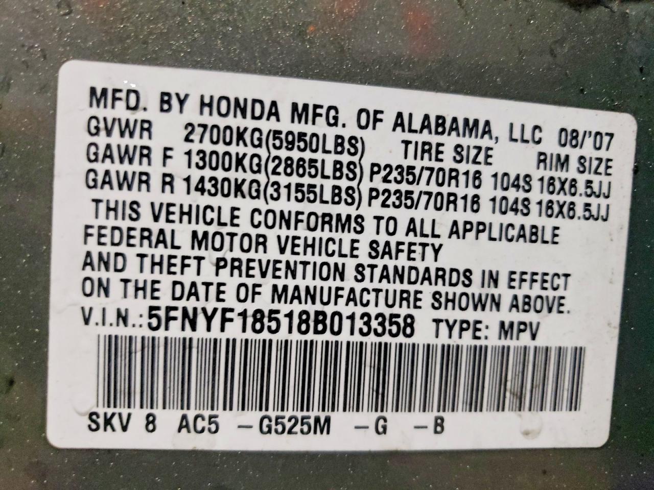 2008 HONDA PILOT EXL photo 13