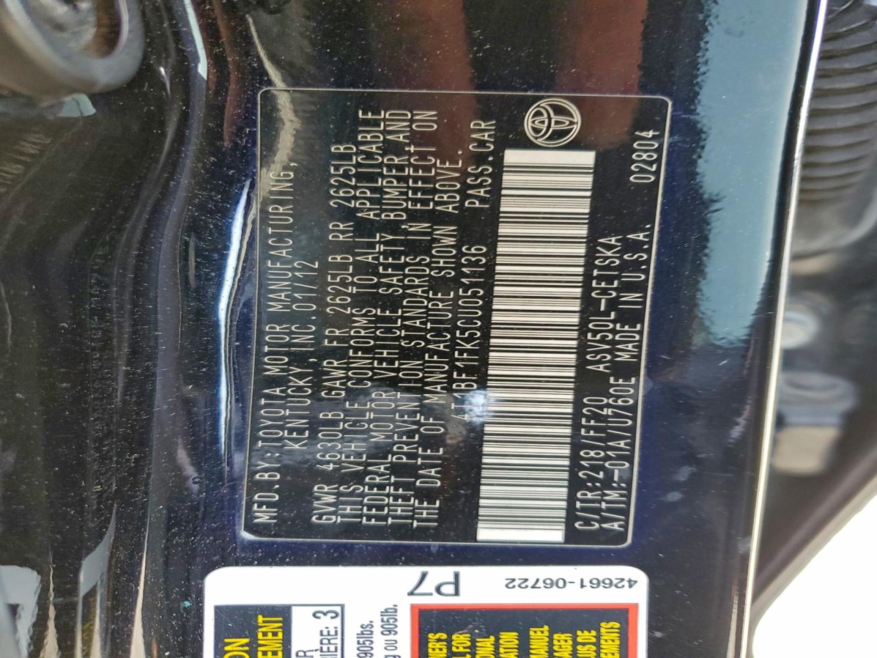 2012 TOYOTA CAMRY BASE photo 12