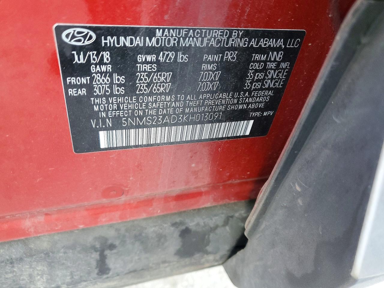 2019 HYUNDAI SANTA FE SE 2.4L photo 14