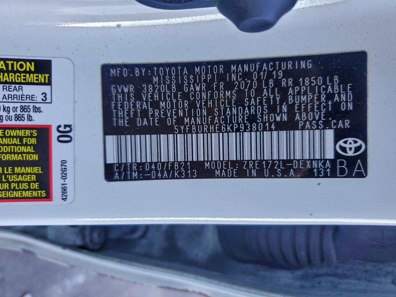 2019 TOYOTA COROLLA L photo 13