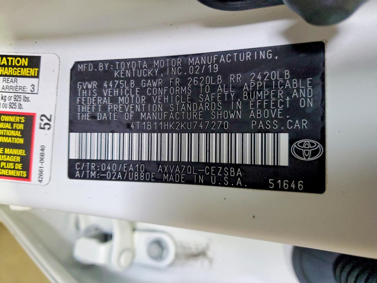 2019 TOYOTA CAMRY L photo 13