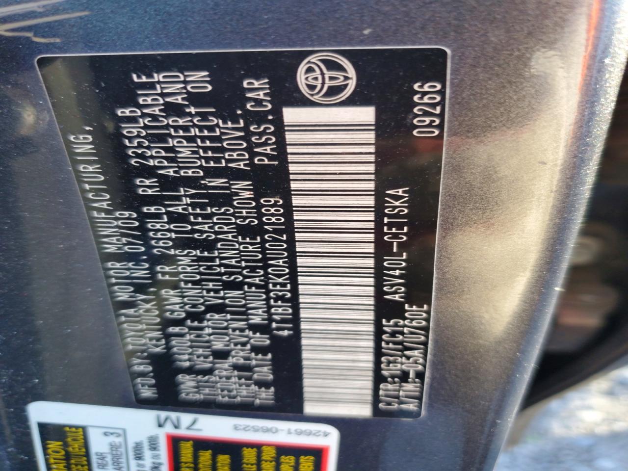 2010 TOYOTA CAMRY BASE photo 12