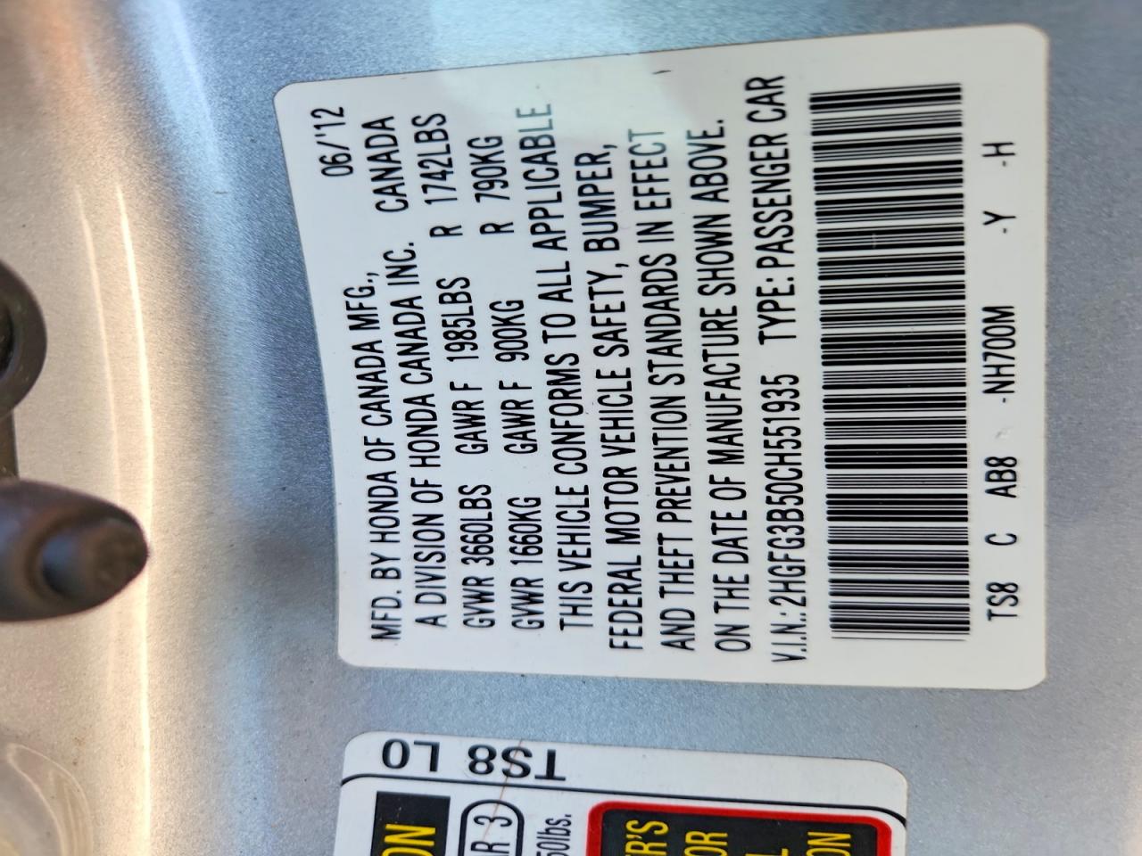 2012 HONDA CIVIC LX photo 12