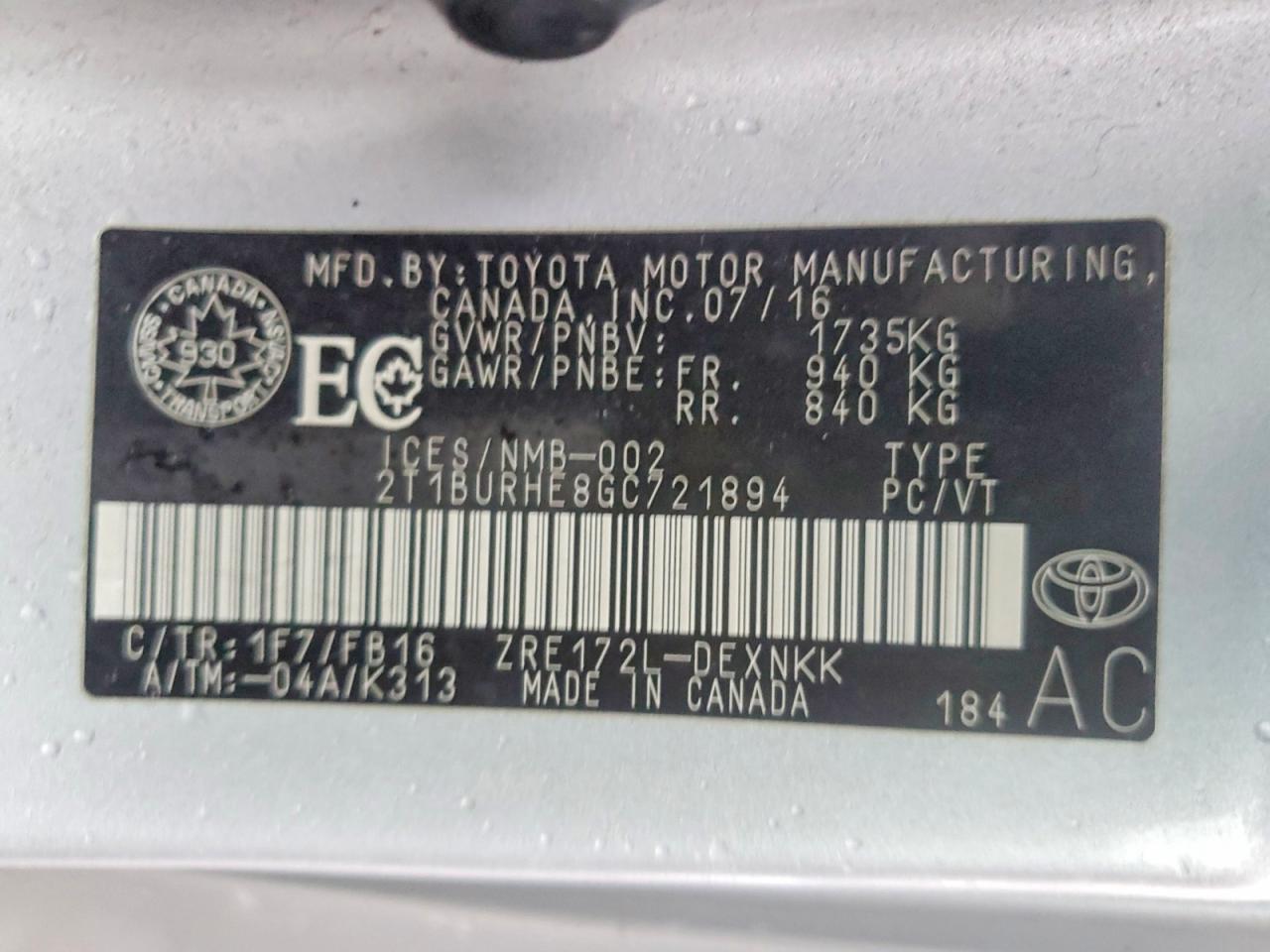 2016 TOYOTA COROLLA L photo 13