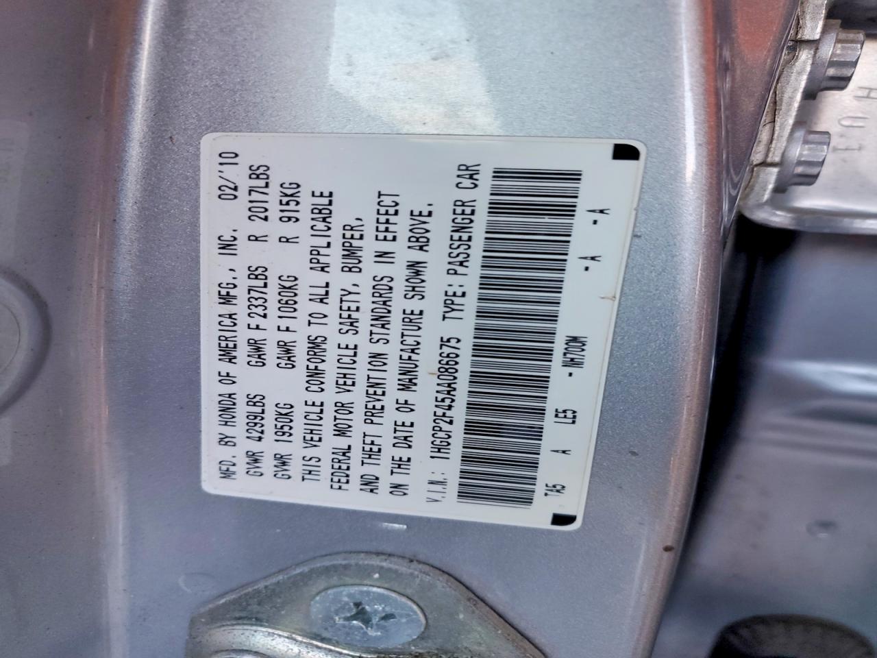 2010 HONDA ACCORD LXP photo 12