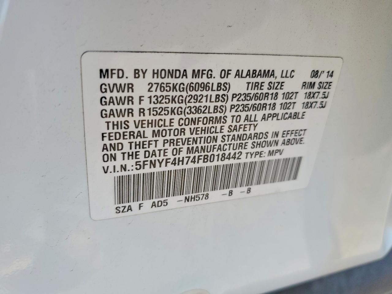 2015 HONDA PILOT EXLN photo 14