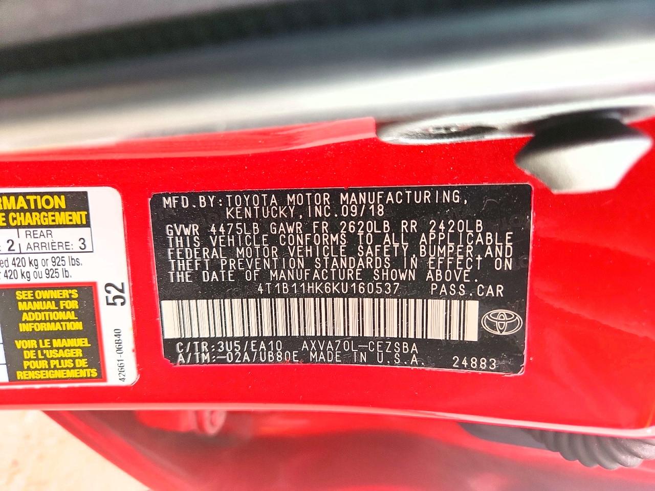 2019 TOYOTA CAMRY L photo 12