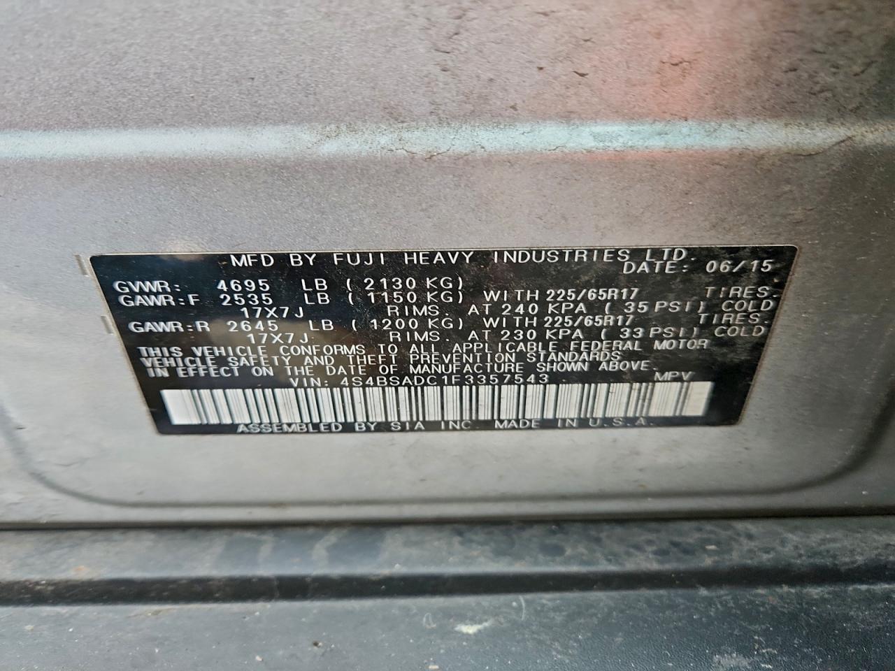 2015 SUBARU OUTBACK 2.5I PREMIUM photo 12