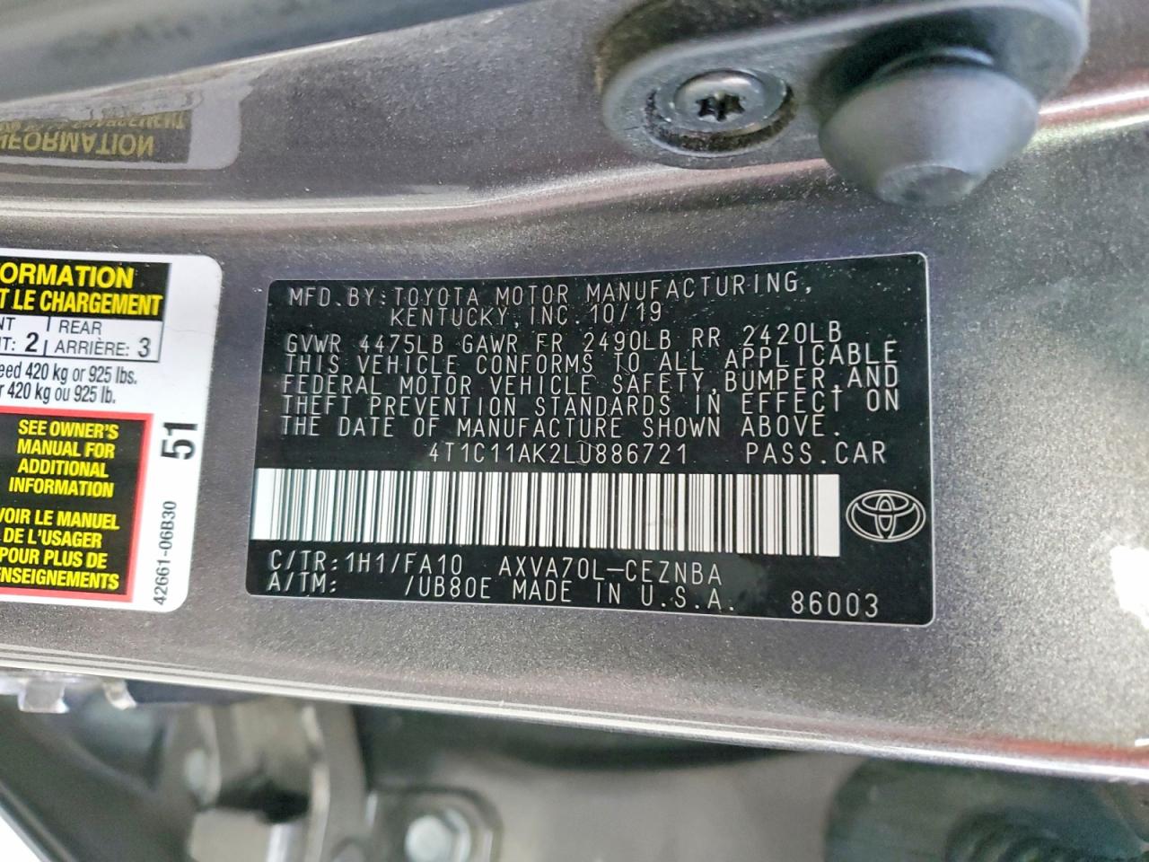 2020 TOYOTA CAMRY LE photo 12