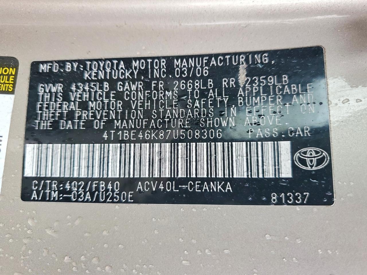 2007 TOYOTA CAMRY CE photo 12