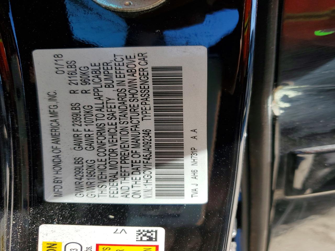 2018 HONDA ACCORD EX photo 12