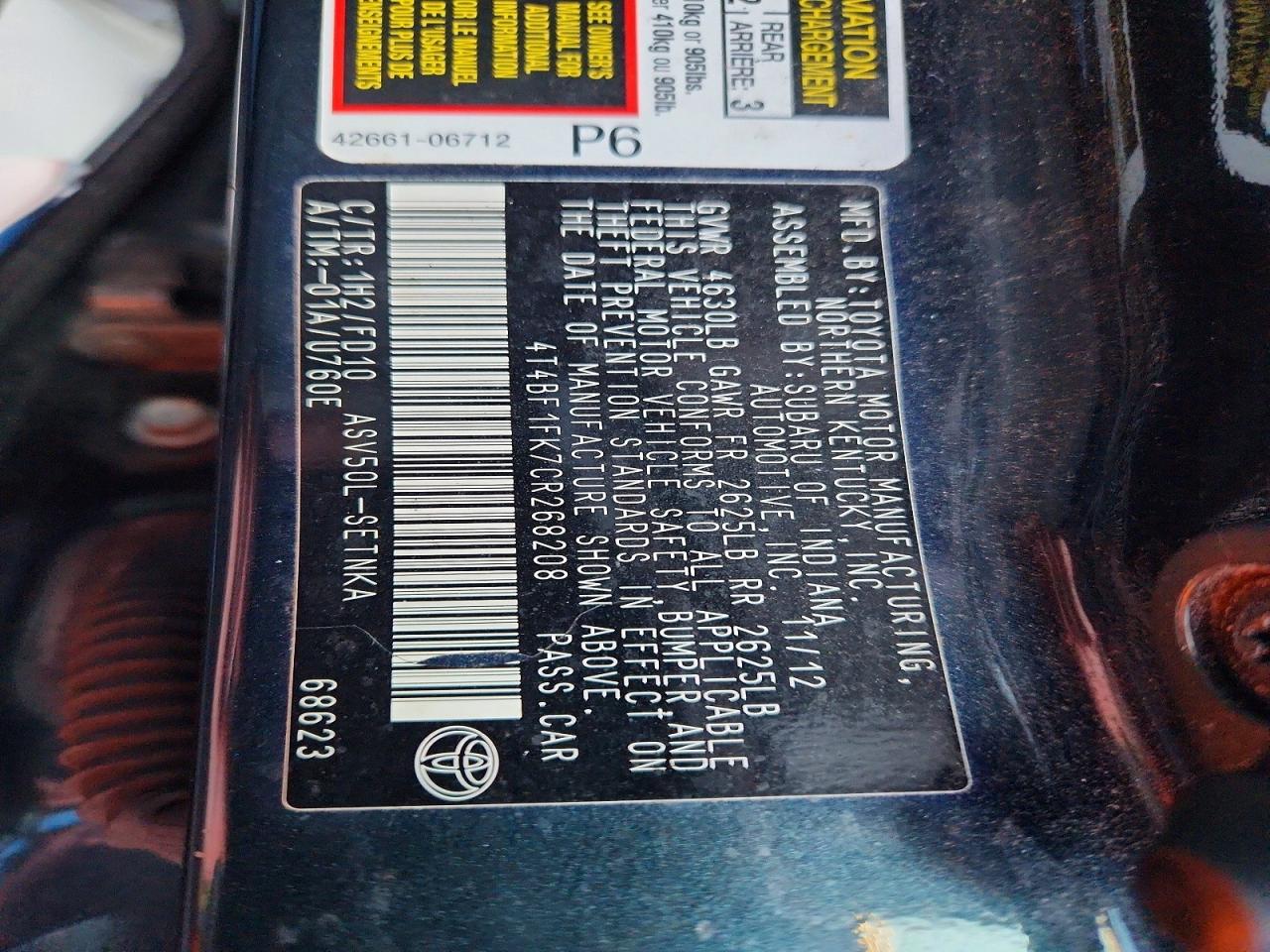2012 TOYOTA CAMRY BASE photo 12