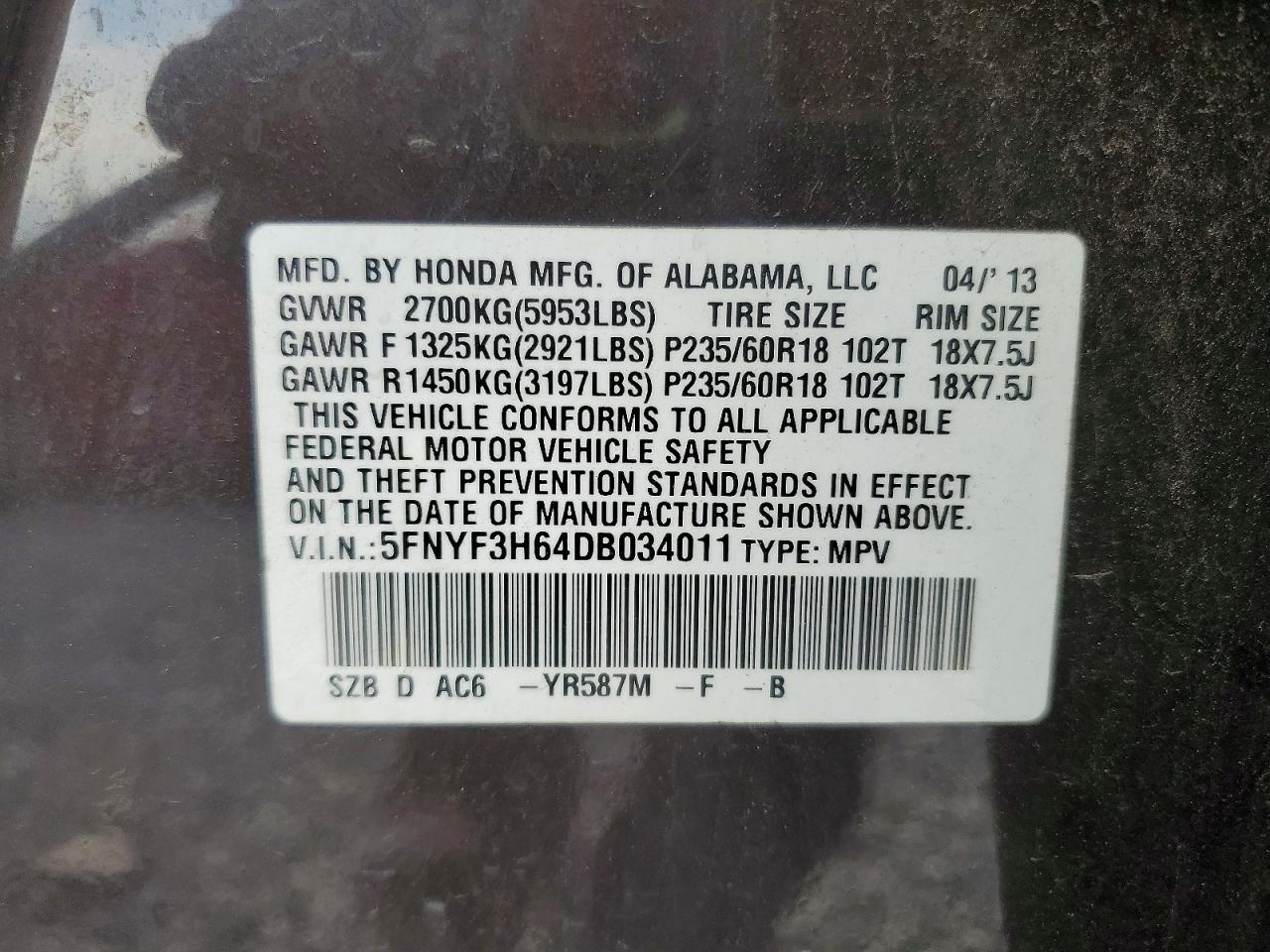 2013 HONDA PILOT EXL photo 13