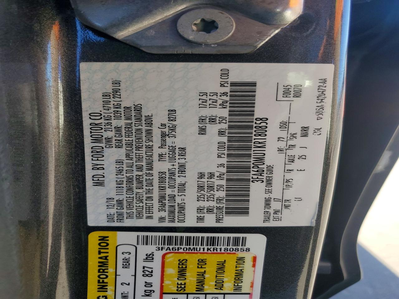 2019 FORD FUSION SEL photo 12