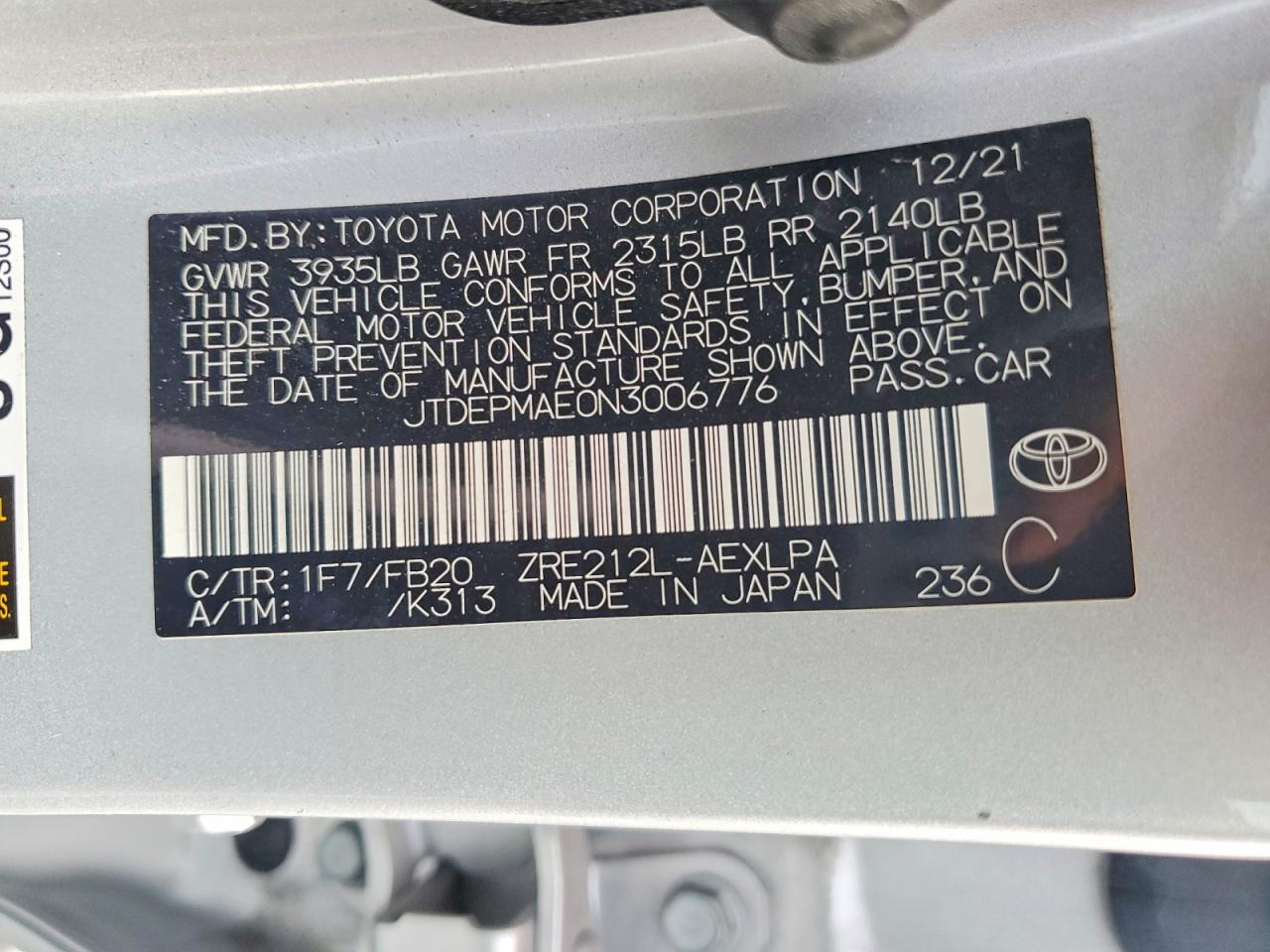 2022 TOYOTA COROLLA LE photo 12