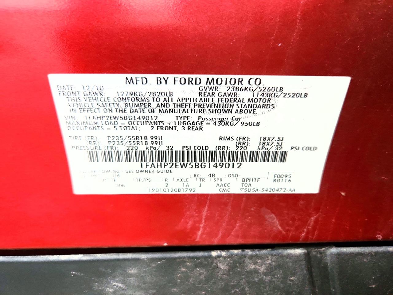2011 FORD TAURUS SEL photo 12