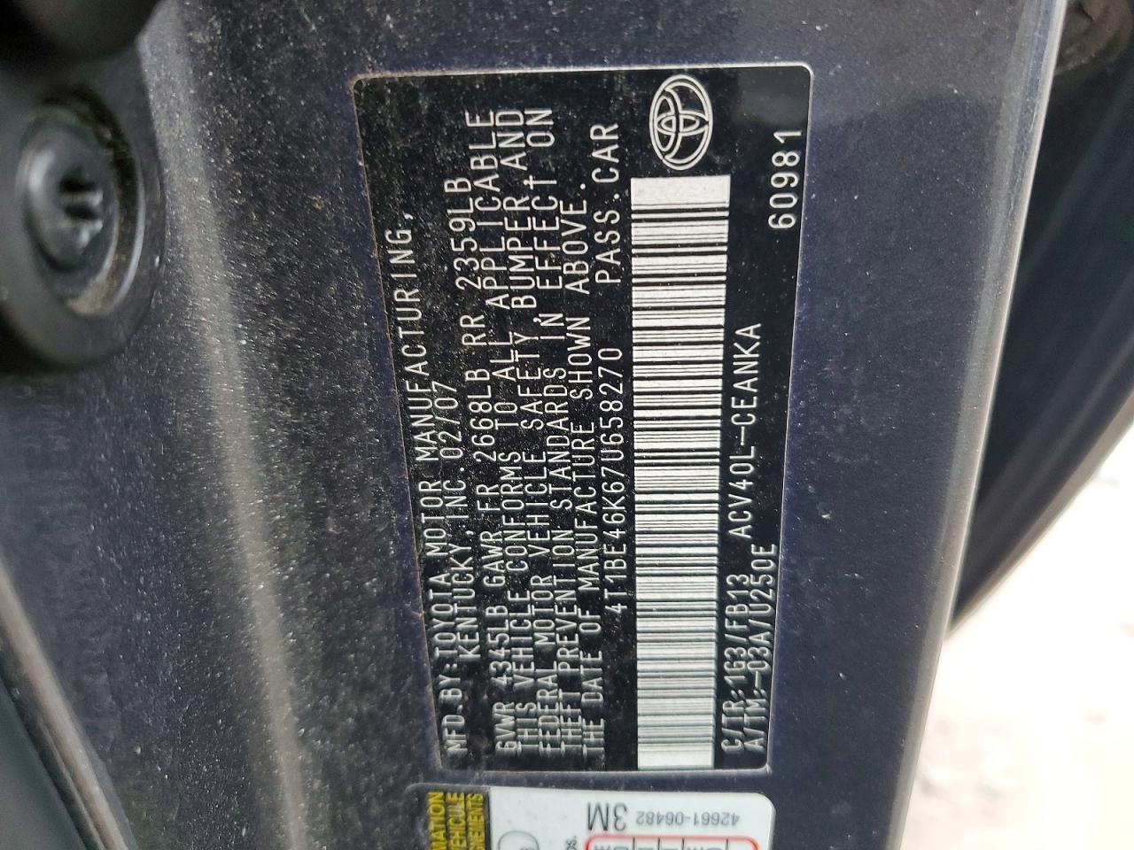 2007 TOYOTA CAMRY CE photo 12