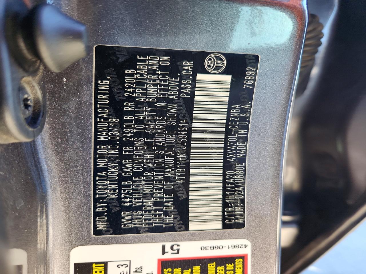 2018 TOYOTA CAMRY L photo 13