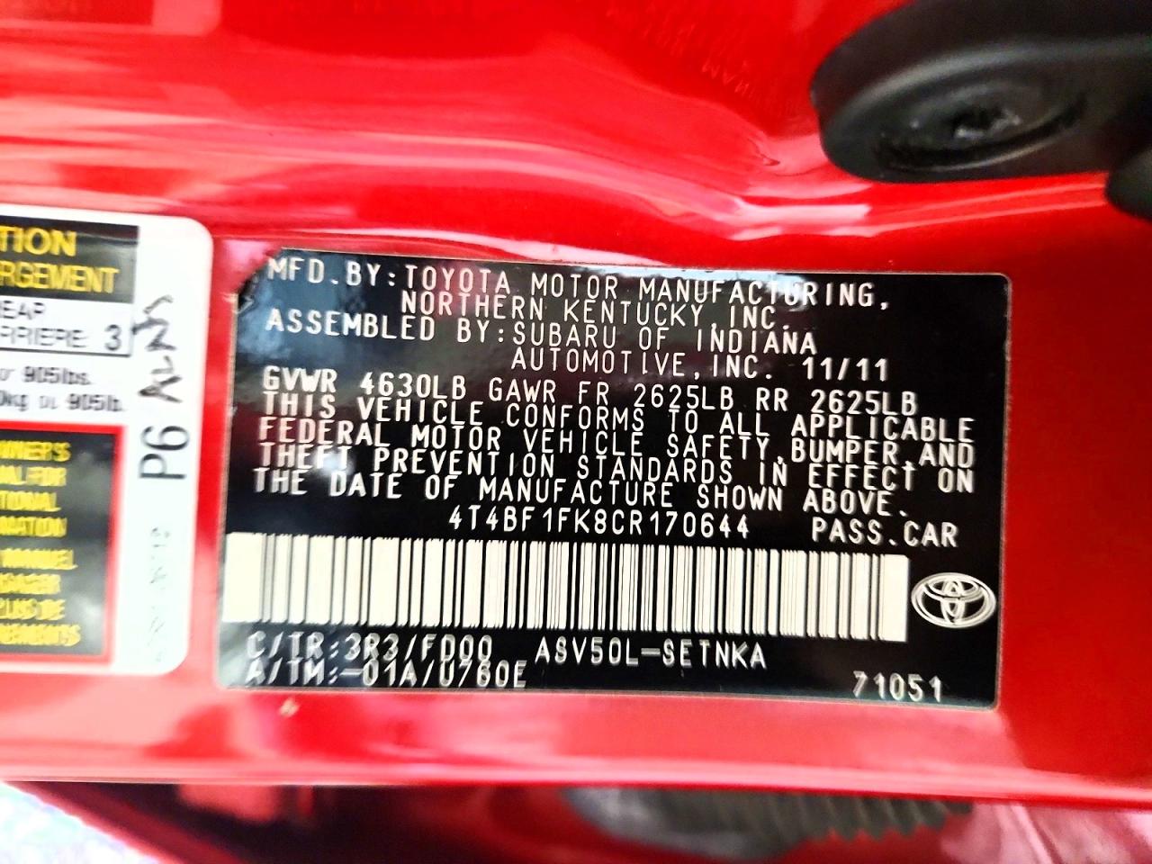 2012 TOYOTA CAMRY BASE photo 12