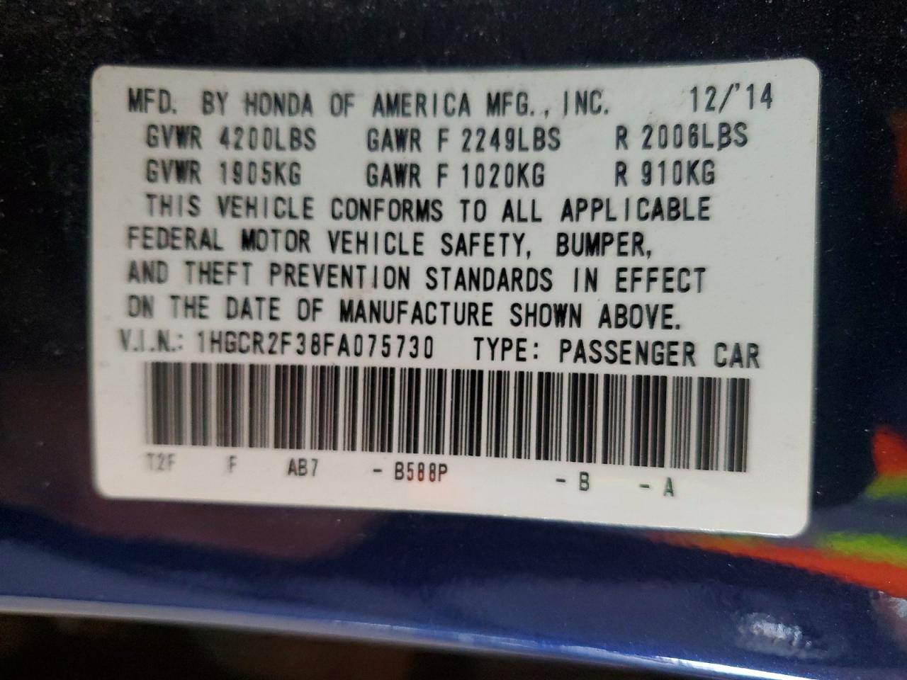 2015 HONDA ACCORD LX photo 12