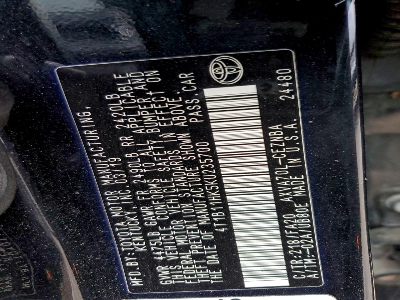 2019 TOYOTA CAMRY L photo 12