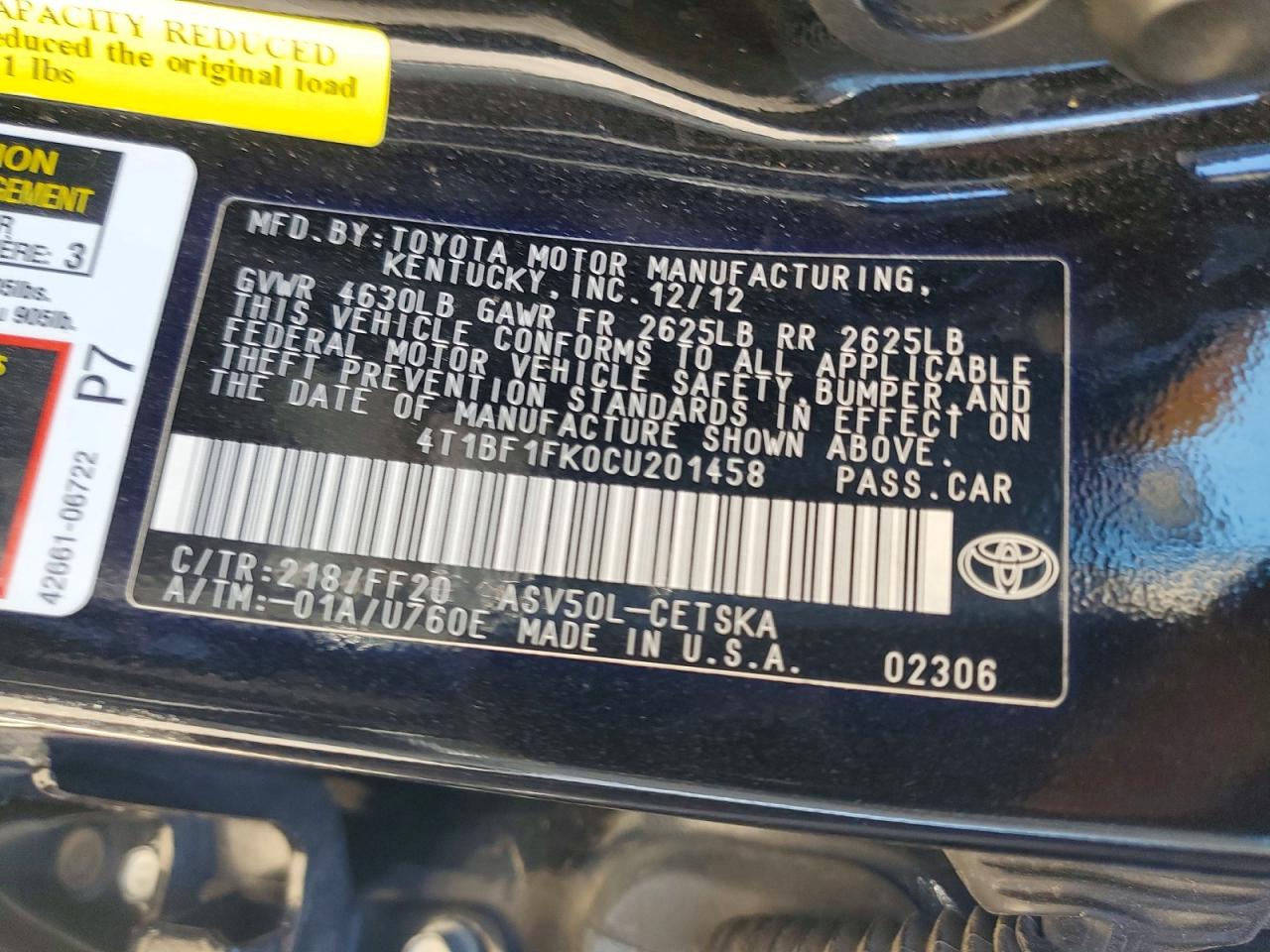 2012 TOYOTA CAMRY BASE photo 12