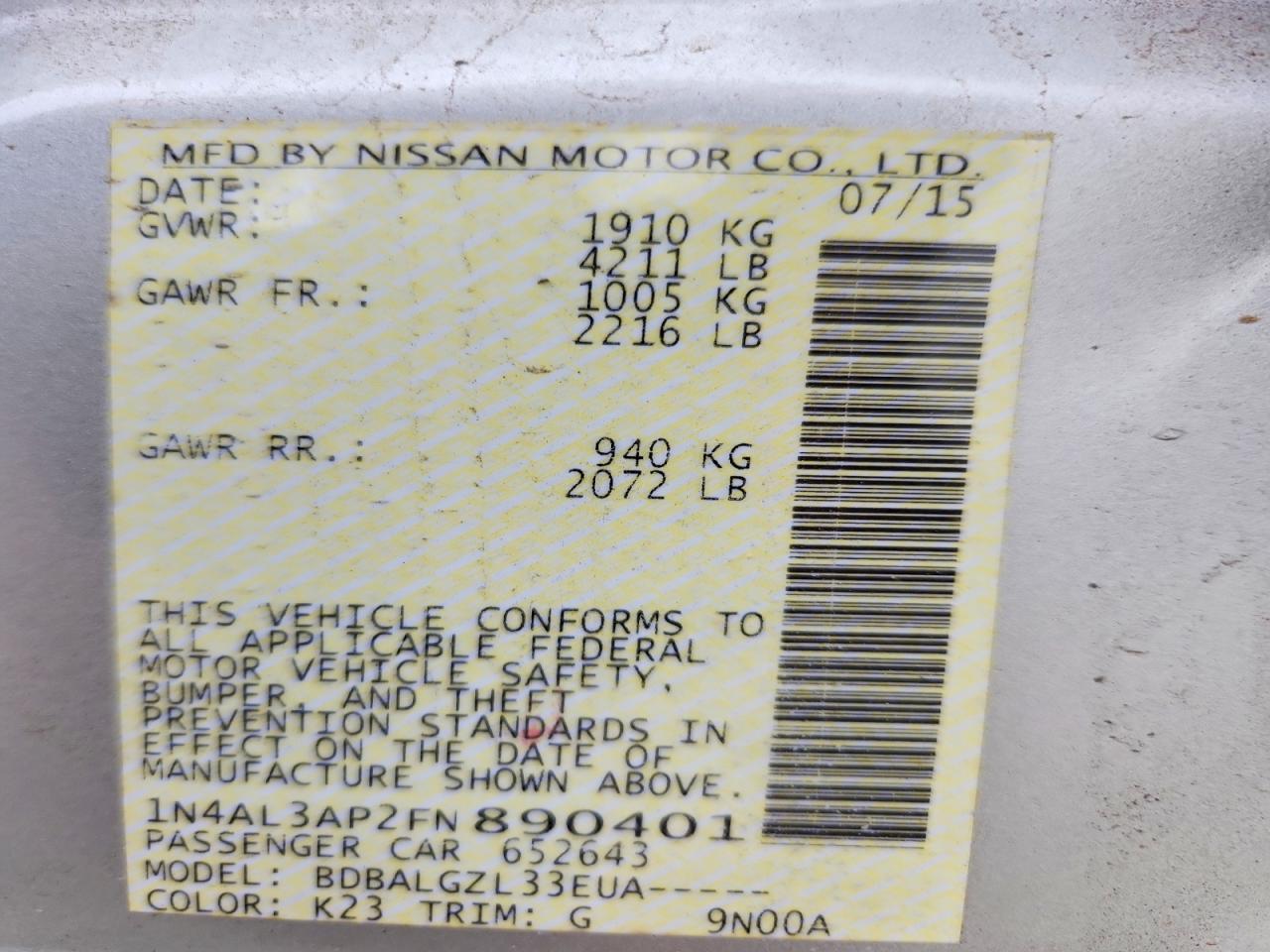 2015 NISSAN ALTIMA 2.5 photo 12