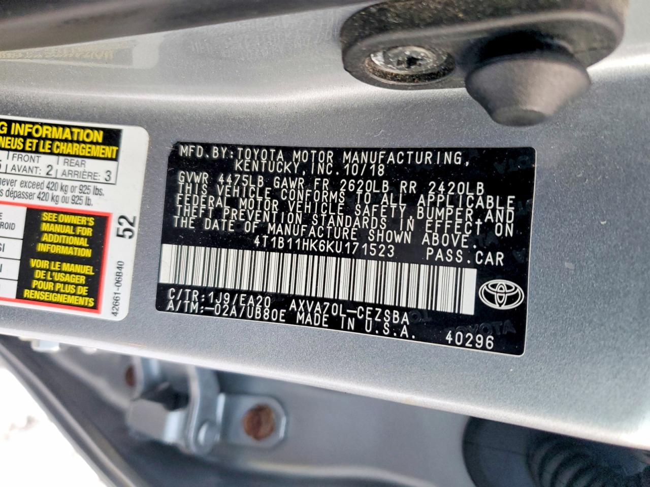 2019 TOYOTA CAMRY L photo 12