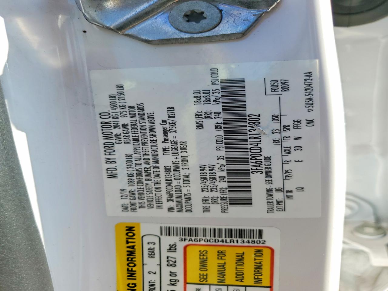 2020 FORD FUSION SEL photo 13