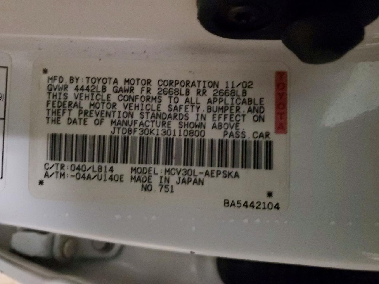 2003 TOYOTA CAMRY LE photo 12