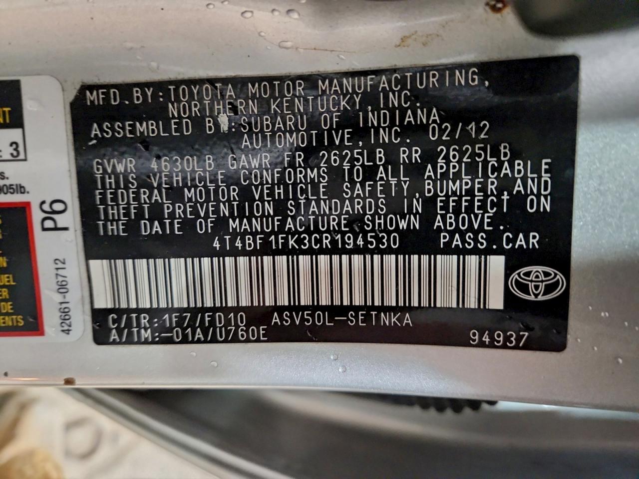 2012 TOYOTA CAMRY BASE photo 12