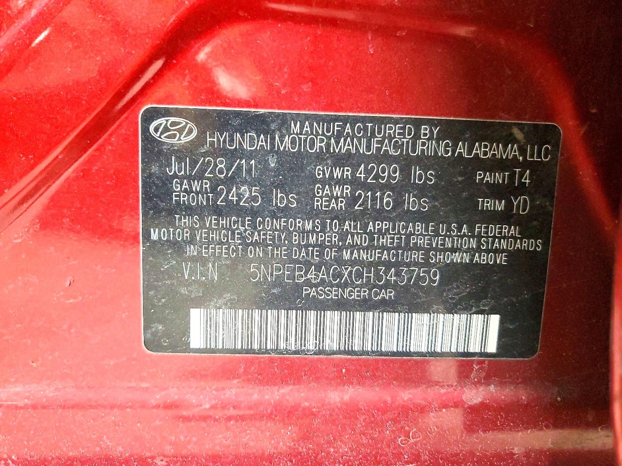 2012 HYUNDAI SONATA GLS photo 12