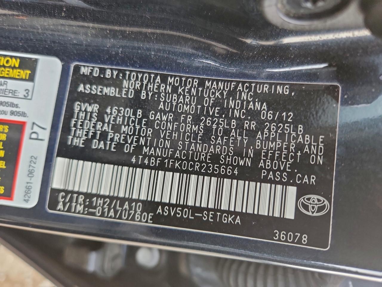 2012 TOYOTA CAMRY BASE photo 12