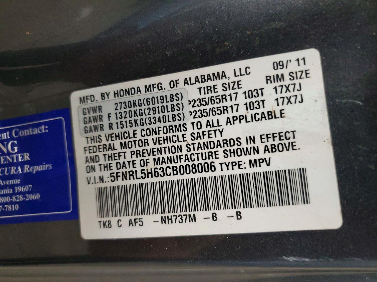 2012 HONDA ODYSSEY EXL photo 25