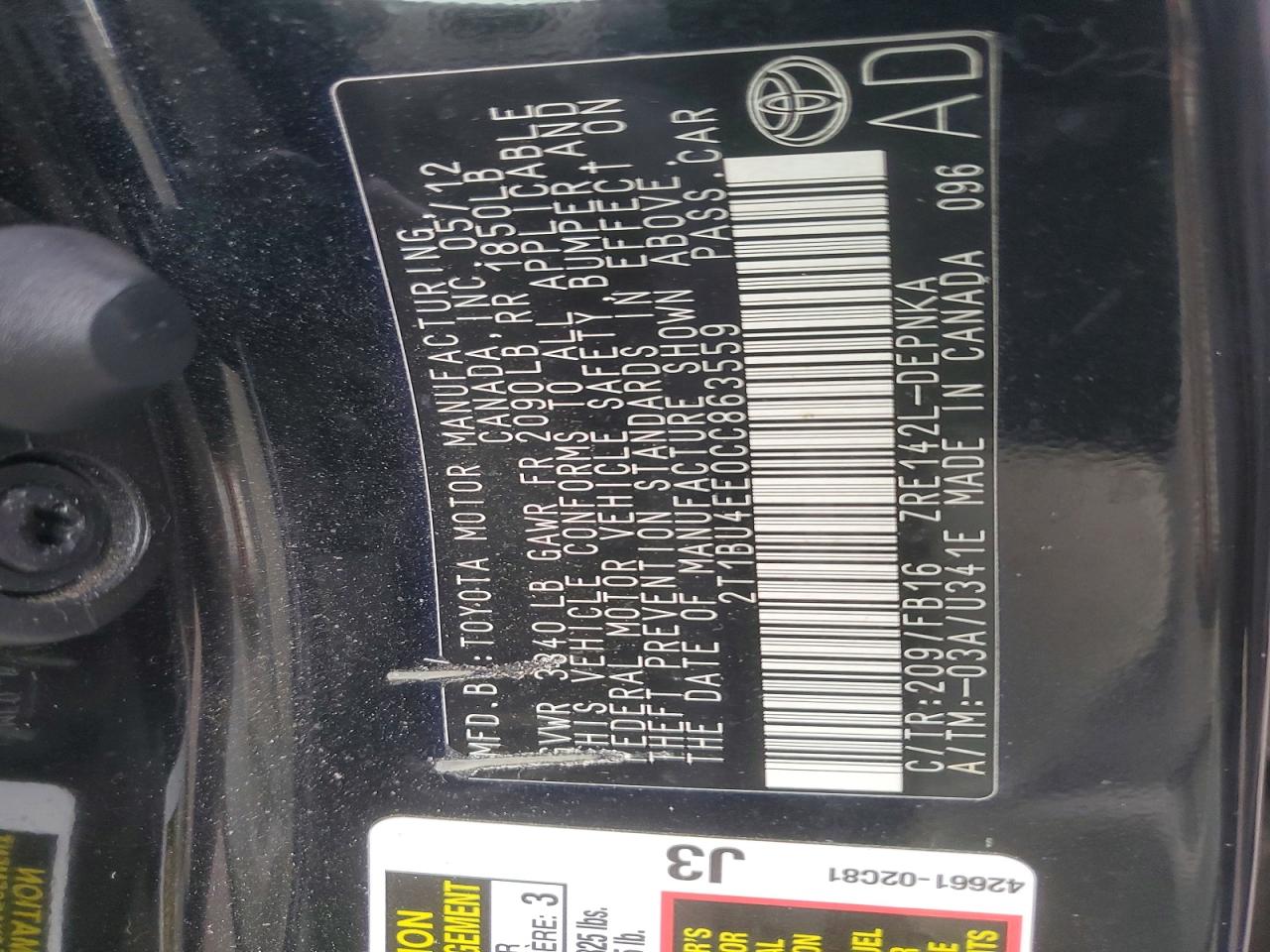 2012 TOYOTA COROLLA BASE photo 13