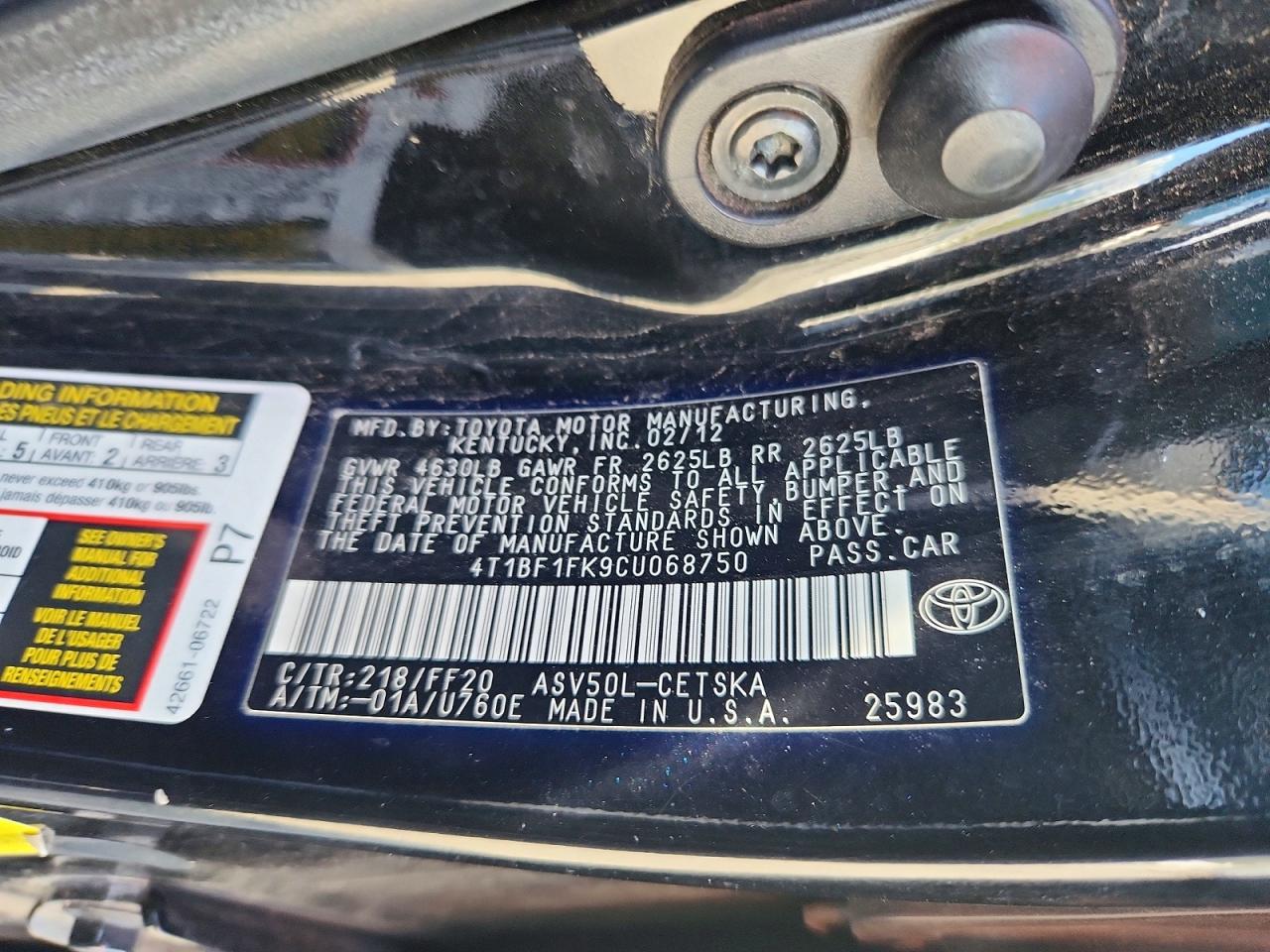 2012 TOYOTA CAMRY BASE photo 12